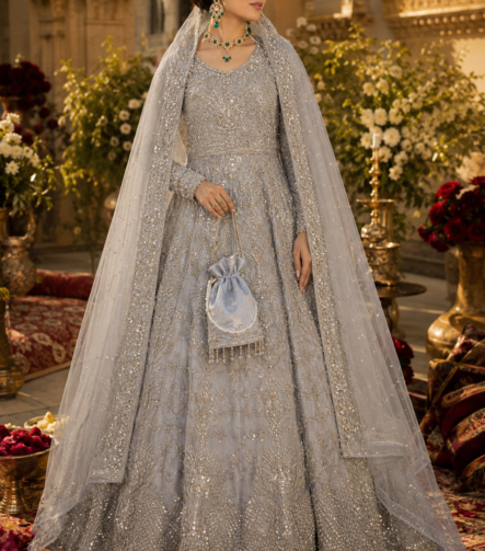 Silver grey luxury embellished walima maxi