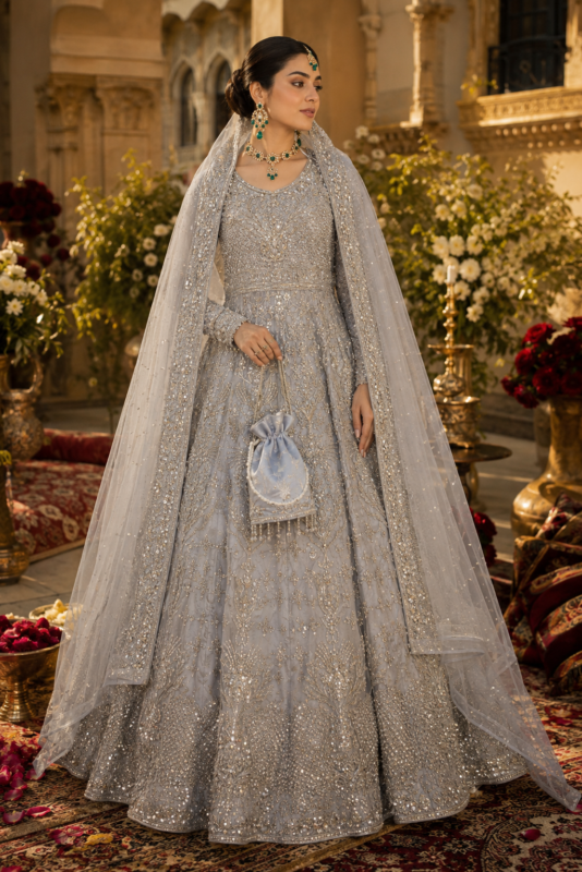 Silver grey luxury embellished walima maxi
