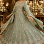 Mint green embroidered walima maxi dress for women