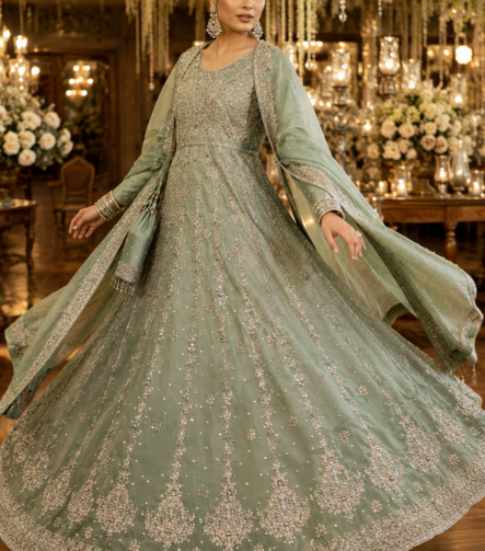 Mint green embroidered walima maxi dress for women