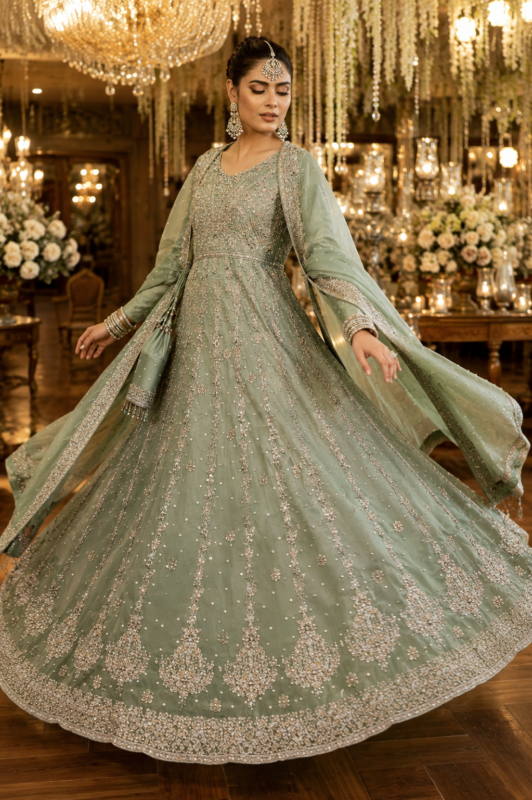 Mint green embroidered walima maxi dress for women
