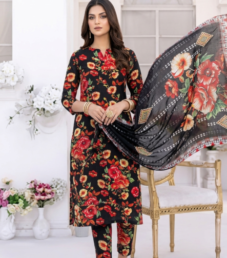 Luxury Printed Lawn Suit for Women in black Floral Design