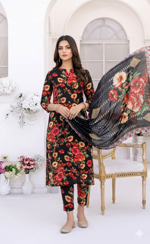 Luxury Printed Lawn Suit for Women in black Floral Design