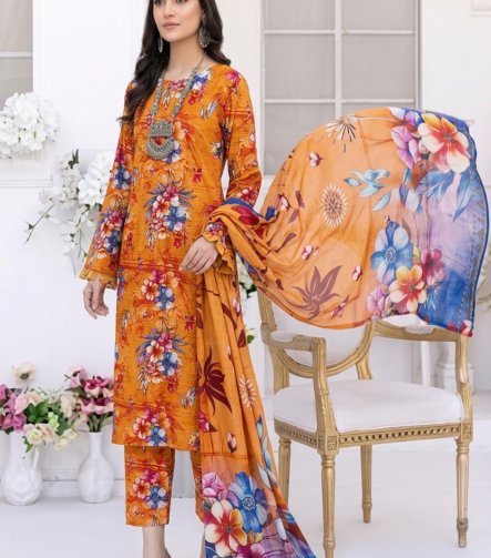 Luxury Printed Lawn Suit for Women in Orange Floral Design