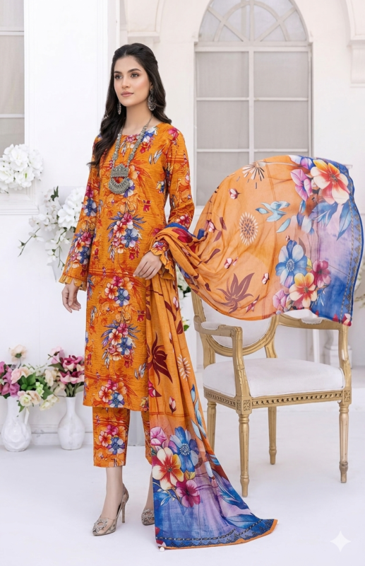 Luxury Printed Lawn Suit for Women in Orange Floral Design