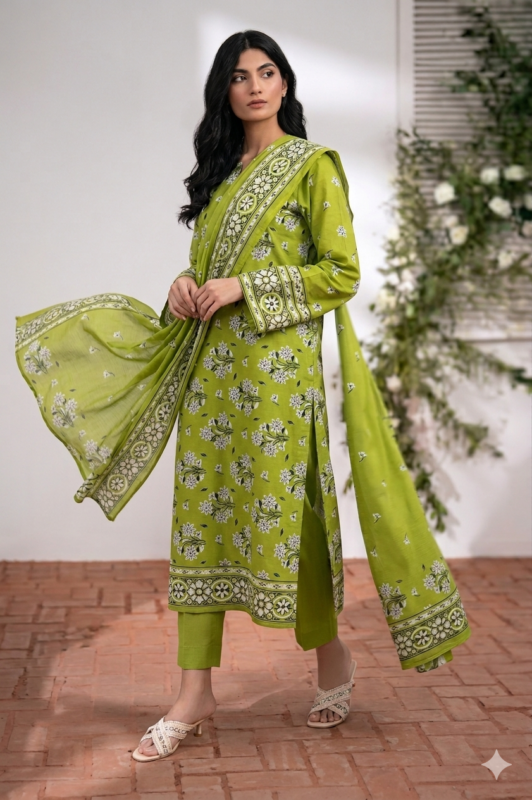 Elegant eastern printed lawn suit with floral patterns