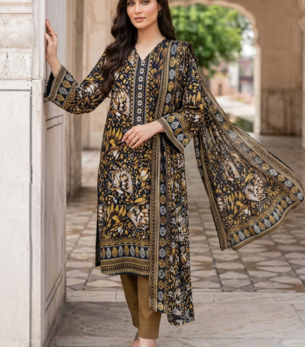 Elegant violet printed lawn 3 piece dress for summer collection