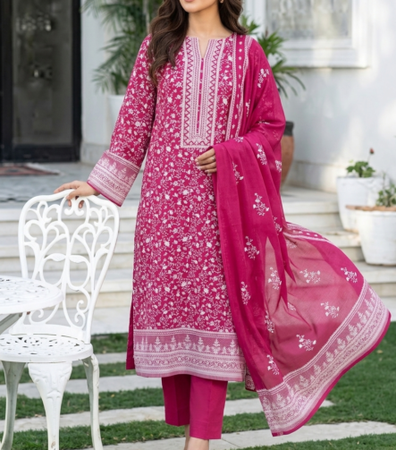 Rose pink printed lawn unstitched suit with elegant floral design