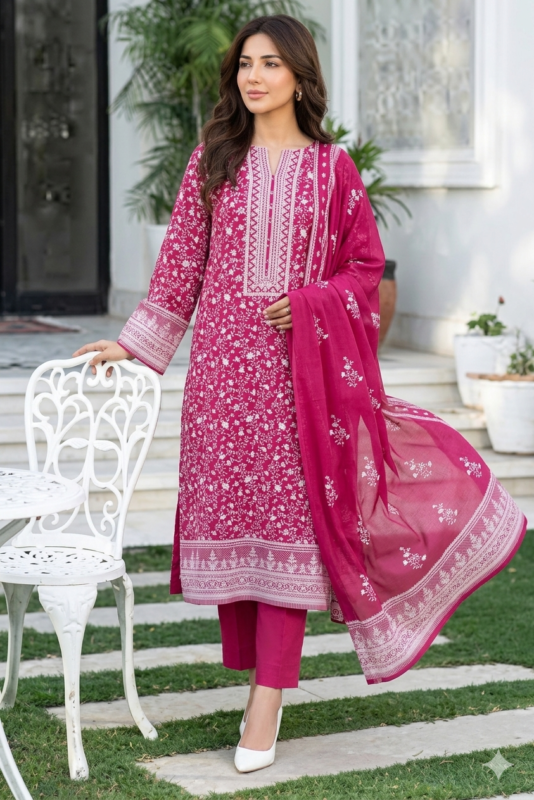 Rose pink printed lawn unstitched suit with elegant floral design