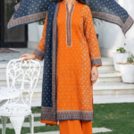 Orange printed lawn unstitched dress with elegant design