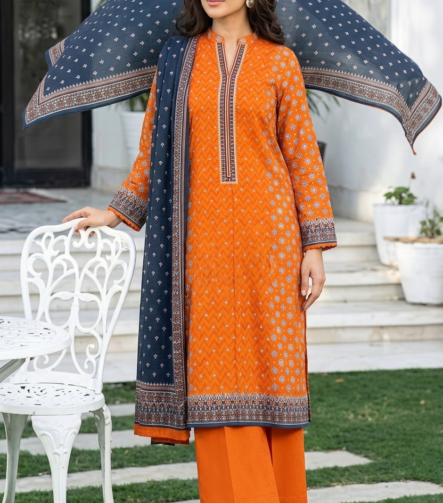 Orange printed lawn unstitched dress with elegant design
