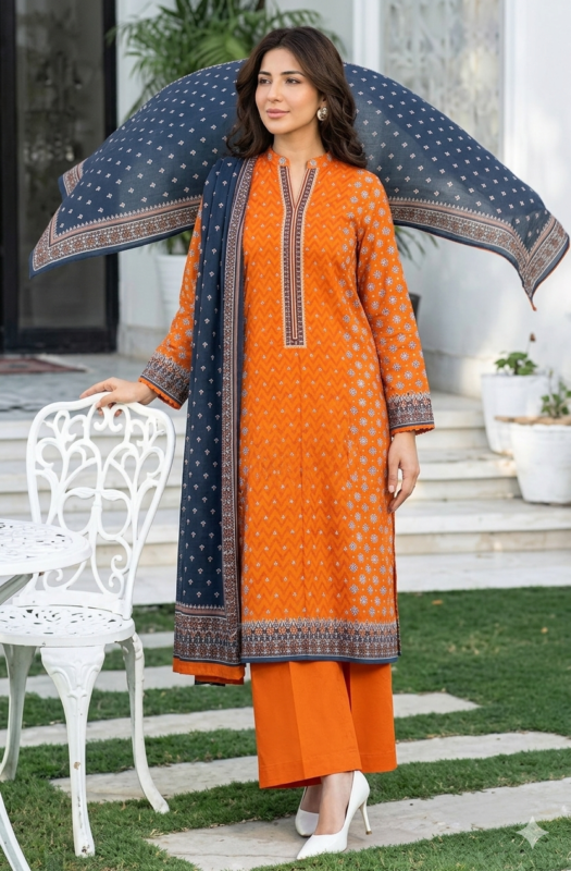 Orange printed lawn unstitched dress with elegant design