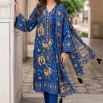Royal blue printed lawn unstitched suit with floral design