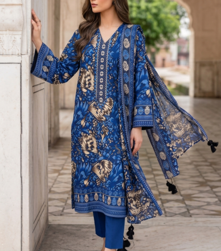 Royal blue printed lawn unstitched suit with floral design