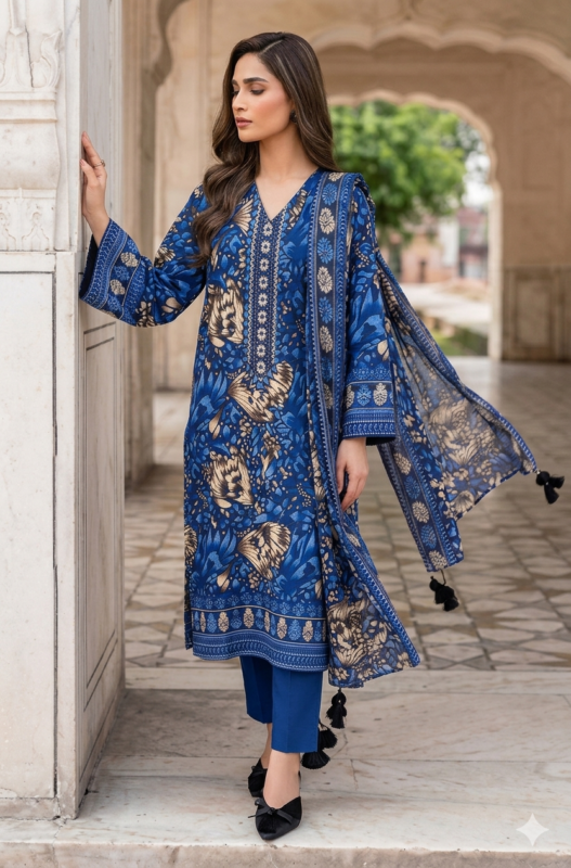 Royal blue printed lawn unstitched suit with floral design