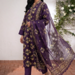 Royal purple printed lawn suit with floral dupatta for women