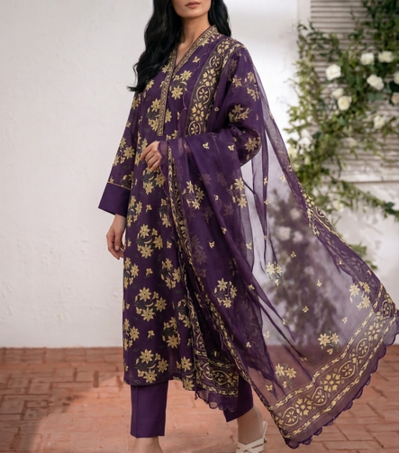 Royal purple printed lawn suit with floral dupatta for women