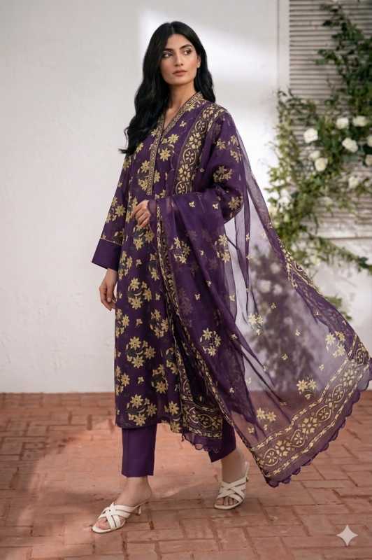 Royal purple printed lawn suit with floral dupatta for women