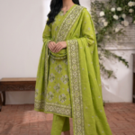 Lime green printed lawn unstitched suit with floral dupatta