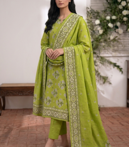Lime green printed lawn unstitched suit with floral dupatta