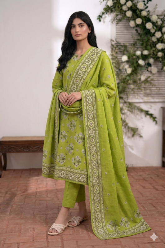 Lime green printed lawn unstitched suit with floral dupatta