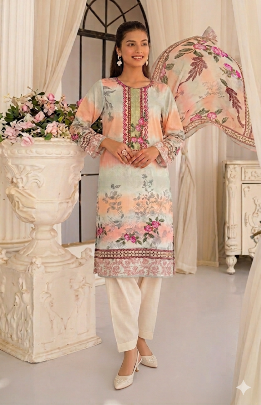 Soft skin color Swiss lawn unstitched suit for women summer wear