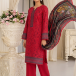 Elegant red Swiss lawn unstitched summer suit for women