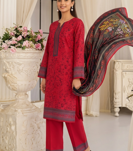 Elegant red Swiss lawn unstitched summer suit for women