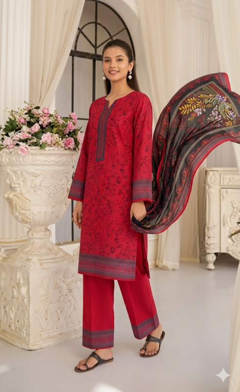 Elegant red Swiss lawn unstitched summer suit for women