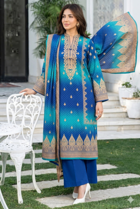 Royal navy printed lawn unstitched suit for women