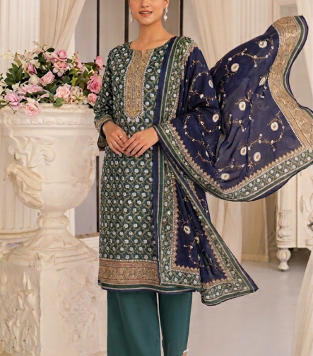 Royal blue Swiss lawn unstitched suit with elegant dupatta