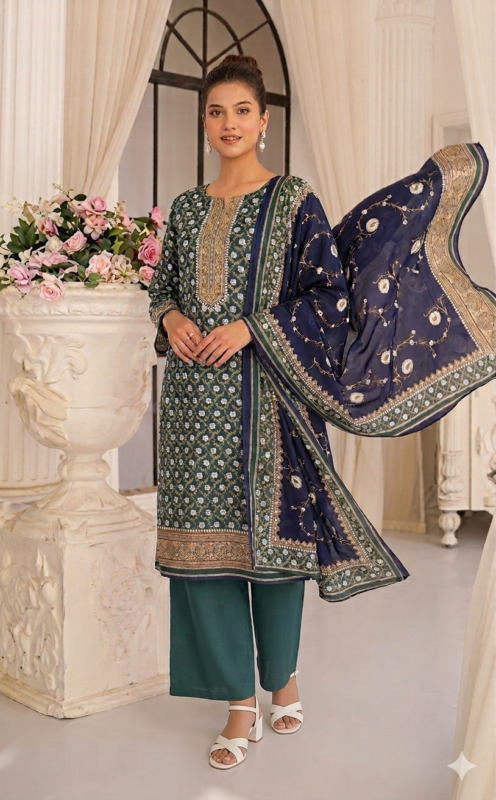 Royal blue Swiss lawn unstitched suit with elegant dupatta