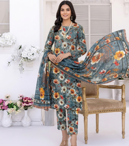 Luxury Printed Lawn Suit for Women in gray Floral Design