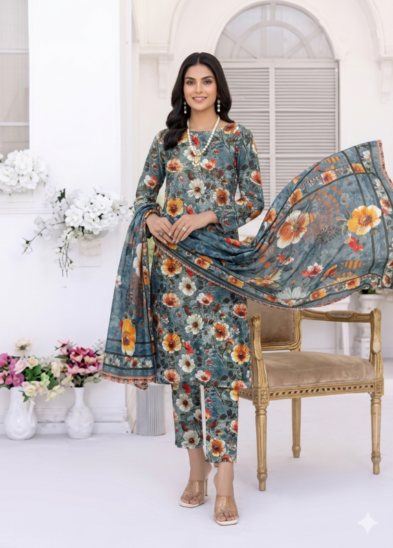 Luxury Printed Lawn Suit for Women in gray Floral Design