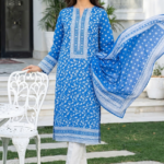 Ocean blue printed lawn unstitched suit with matching dupatta