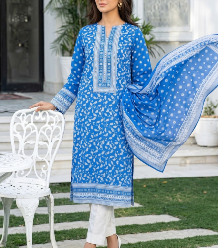 Ocean blue printed lawn unstitched suit with matching dupatta