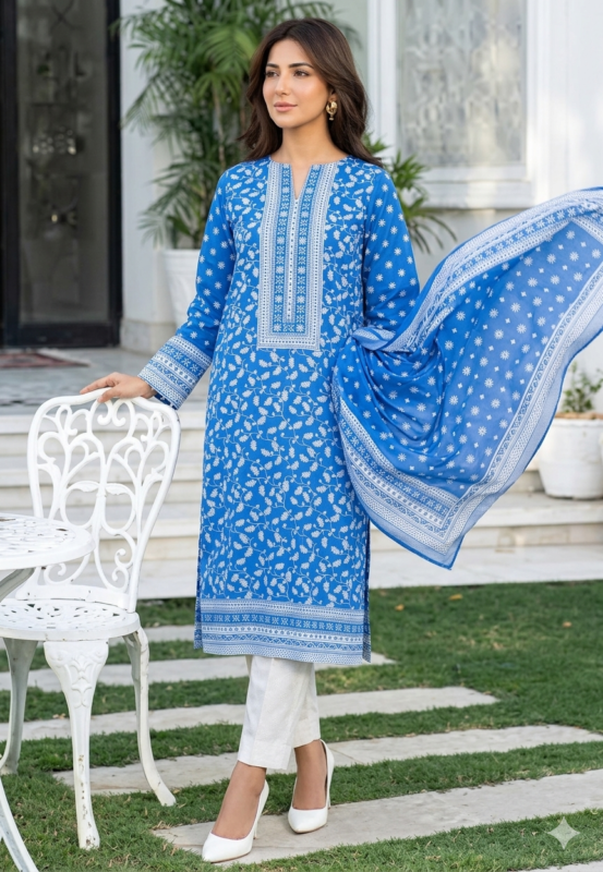 Ocean blue printed lawn unstitched suit with matching dupatta