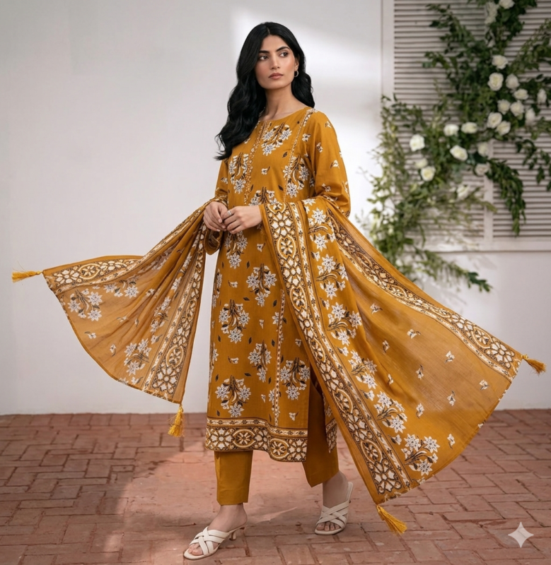 Classic floral printed lawn suit with traditional design