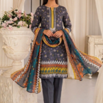 Classic grey Swiss lawn suit with printed dupatta