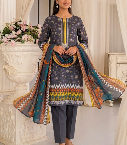 Classic grey Swiss lawn suit with printed dupatta