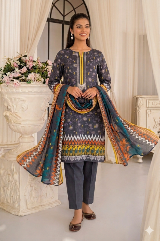 Classic grey Swiss lawn suit with printed dupatta