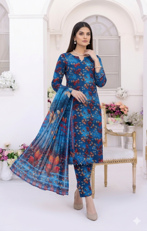 Luxury Printed Lawn Suit for Women in blue Floral Design