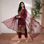 Maroon printed lawn unstitched suit with elegant dupatta