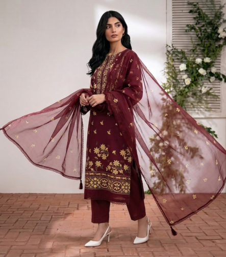 Maroon printed lawn unstitched suit with elegant dupatta