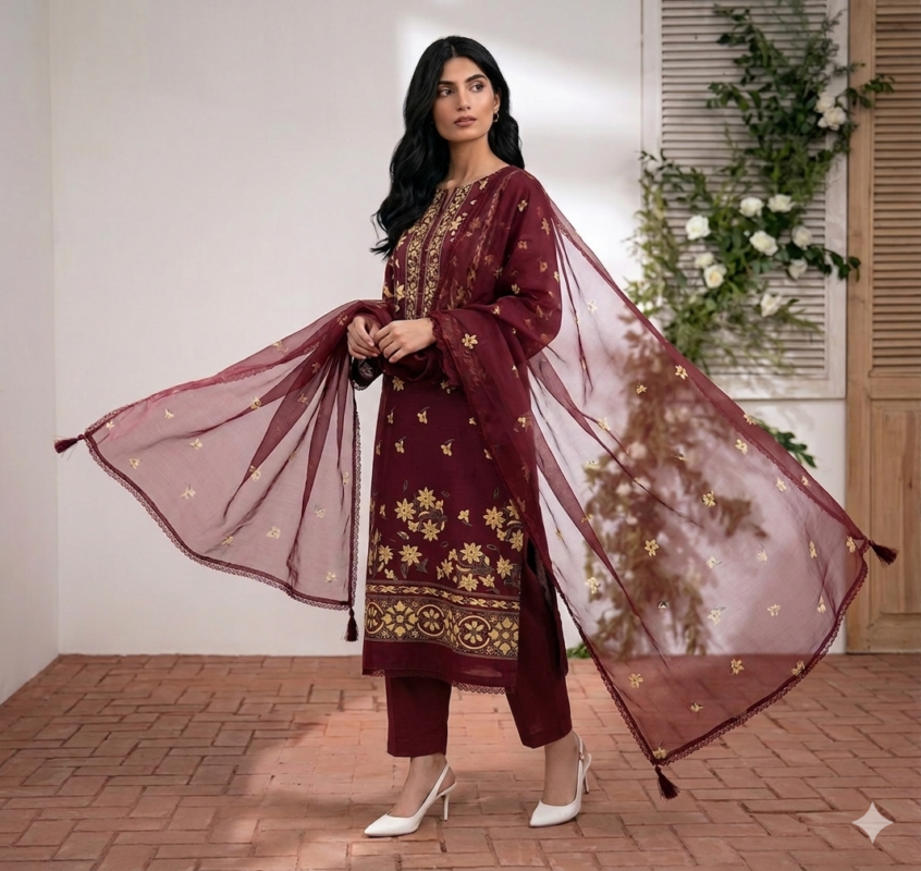 Maroon printed lawn unstitched suit with elegant dupatta
