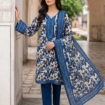Elegant blue printed lawn unstitched suit with matching dupatta