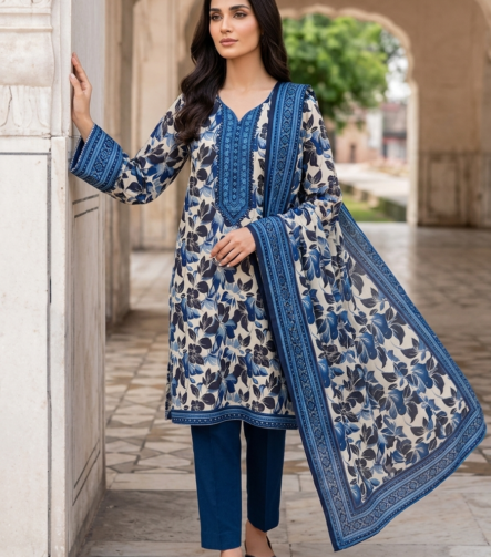 Elegant blue printed lawn unstitched suit with matching dupatta