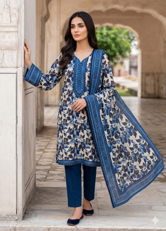 Elegant blue printed lawn unstitched suit with matching dupatta