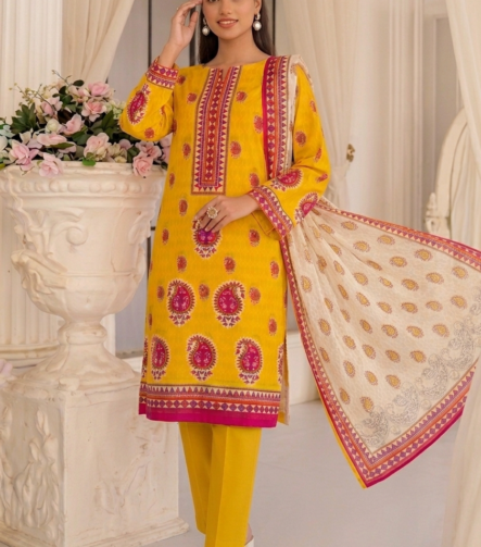 Yellow Swiss lawn unstitched dress with elegant print design