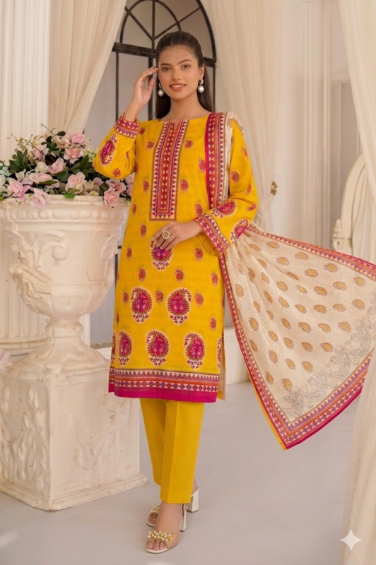 Yellow Swiss lawn unstitched dress with elegant print design